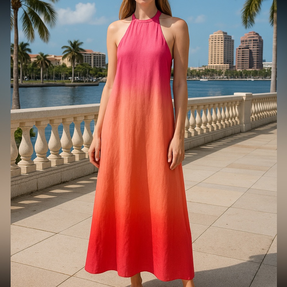 Julia Amory $395 Sarah Ombre Linen Dress Size XS Orange Pink Red Maxi Summer